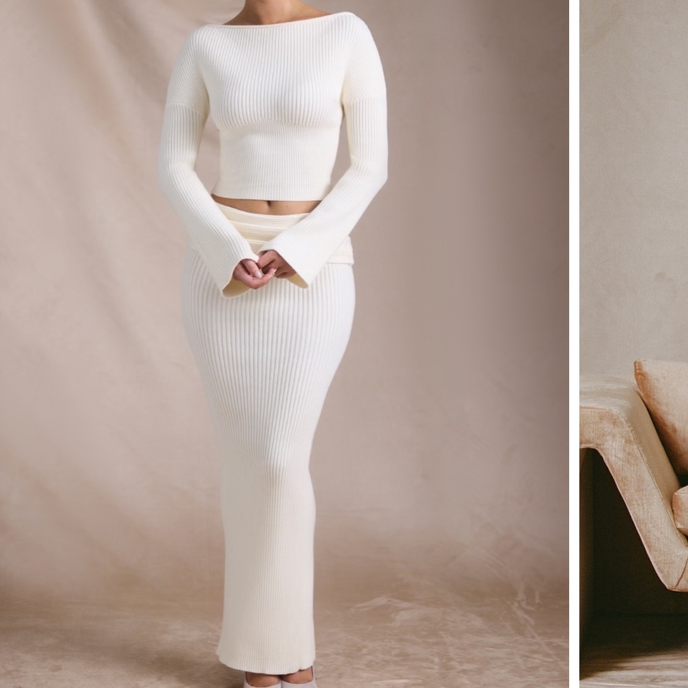 Oh Polly Cream Ribbed Knit Skirt Set